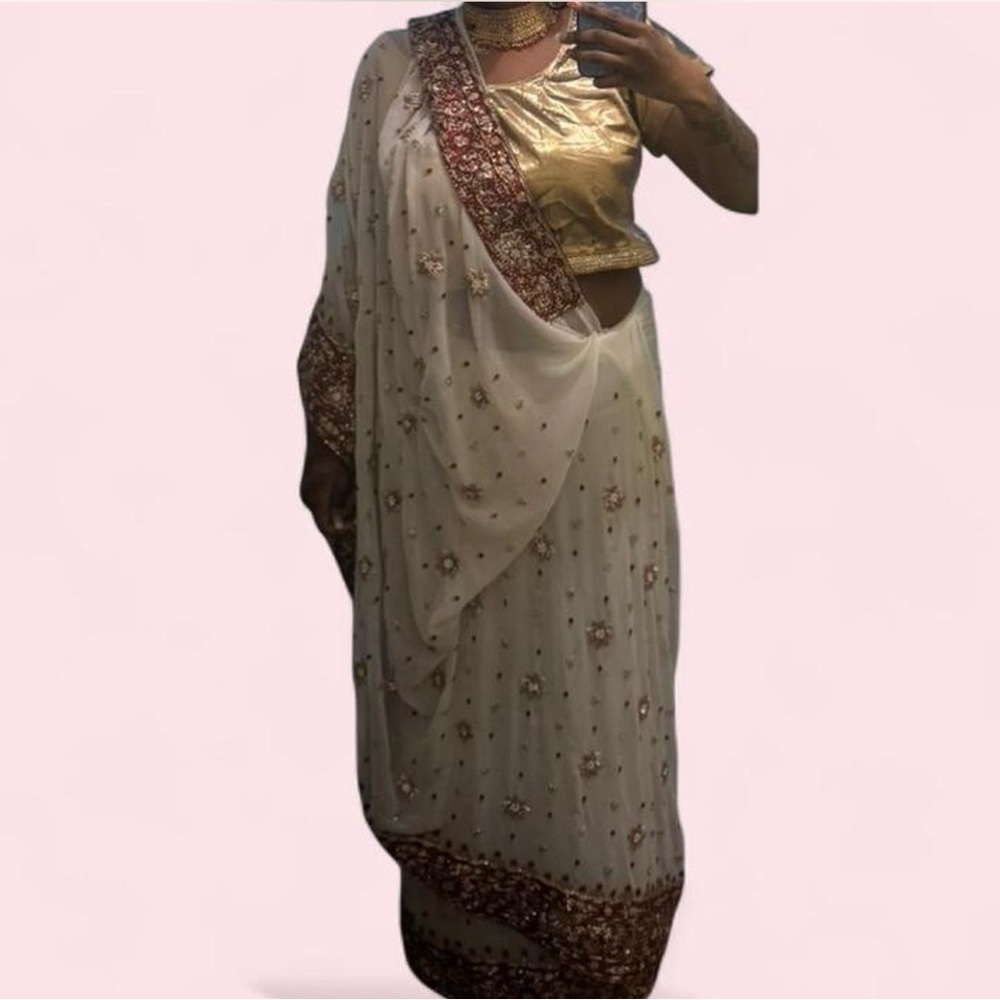 Elegant Gold and Cream Embellished Maxi Dress